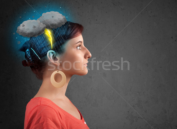 Fiatal lány zivatar villám fejfájás illusztráció férfi Stock fotó © ra2studio