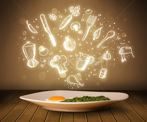 Plaat voedsel witte keuken iconen bruin Stockfoto © ra2studio