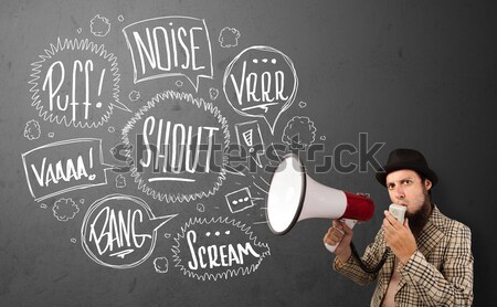 Fickó öltöny kiabál megafon kézzel rajzolt szövegbuborékok Stock fotó © ra2studio