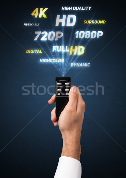 Hand with remote control and multimedia properties Stock photo © ra2studio