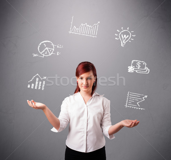 Stockfoto: Mooie · jonge · vrouw · jongleren · statistiek · grafieken · hand