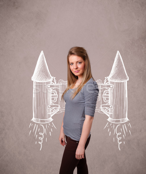 Stock photo: Cute girl with jet pack rocket drawing illustration