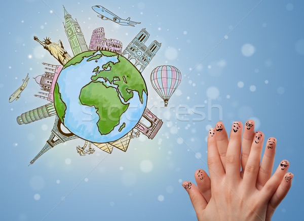Cheerful finger smileys with famous landmarks of the globe Stock photo © ra2studio