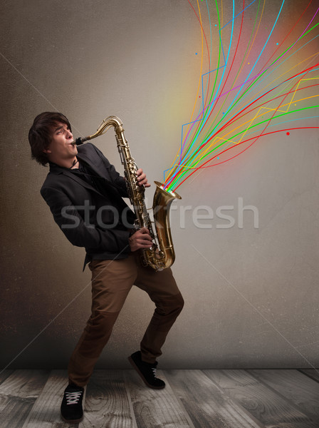 Foto stock: Atraente · músico · jogar · saxofone · colorido · abstrato