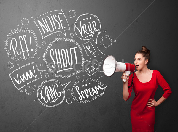 Stock photo: Girl yelling into megaphone and hand drawn speech bubbles come o