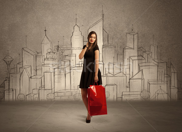 Warenkorb Mädchen Taschen gezeichnet Stadt anziehend Stock foto © ra2studio