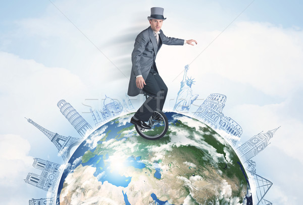 男 ライディング 一輪車 周りに 世界中 都市 ストックフォト © ra2studio
