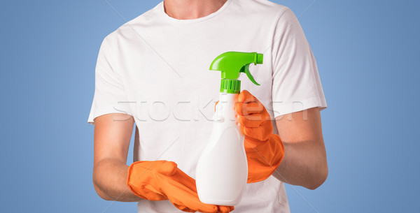 Stockfoto: Huishoudster · Blauw · lege · muur · schoonmaken · product