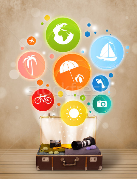 Stock photo: Suitcase with colorful summer icons and symbols