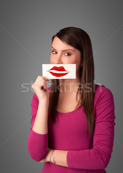 [[stock_photo]]: Heureux · jolie · femme · carte · baiser · rouge · à · lèvres