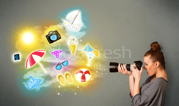 Teenage photographer making photos of holiday painted icons Stock photo © ra2studio