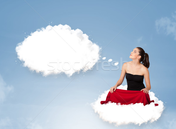 Young girl sitting on cloud and thinking of abstract speech bubb Stock photo © ra2studio