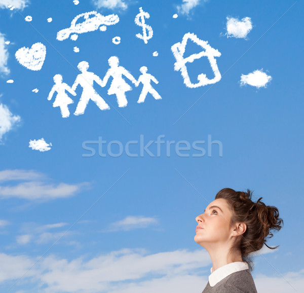 Fiatal lány álmodozás család háztartás felhők kék ég Stock fotó © ra2studio
