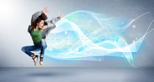 Cute nastolatek skoki streszczenie niebieski szalik Zdjęcia stock © ra2studio