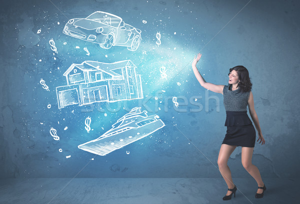 Stock photo: Rich person throwing hand drawn car yacht and house