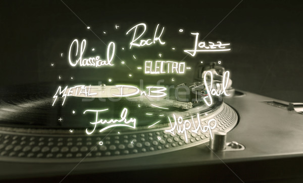 Stock photo: Turntable with vinyl and music genres writen 