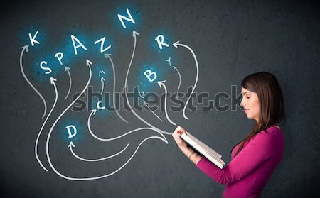 Pretty woman reading a book while multiple choices are coming ou Stock photo © ra2studio