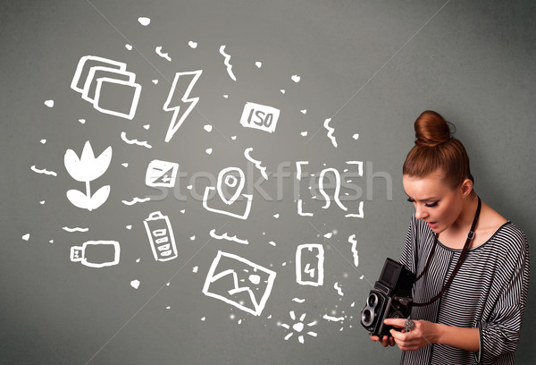 Stock photo: Photographer girl capturing white photography icons and symbols