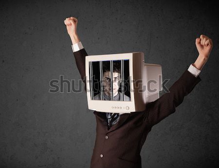 Business man with monitor on his head traped into a digital syst Stock photo © ra2studio