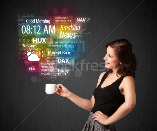Businesswoman holding a white cup with daily news and informatio Stock photo © ra2studio