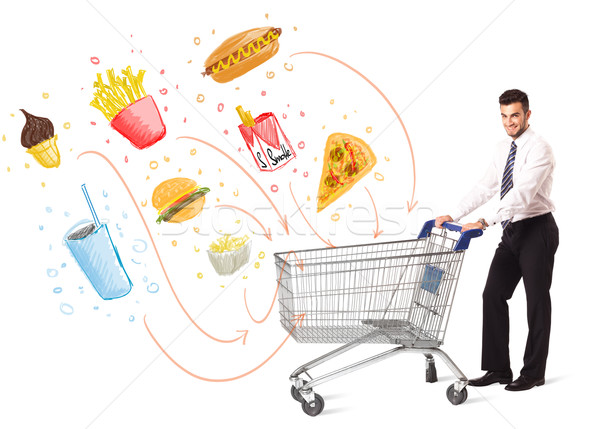 Foto stock: Homem · carrinho · de · compras · tóxico · empresário · empurrando