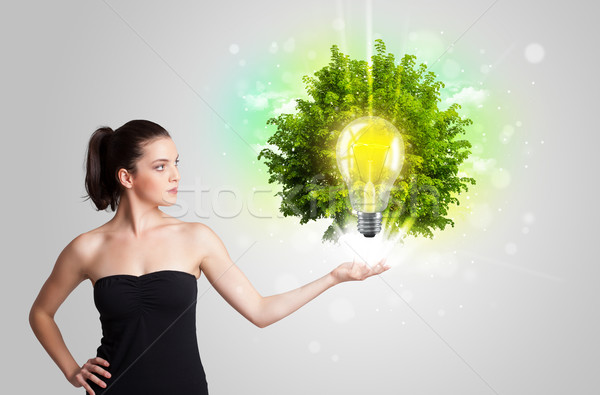 Junge Mädchen Idee Glühlampe Baum Stock foto © ra2studio