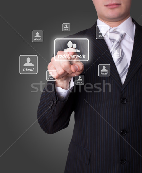 Homme réseau social bouton main affaires [[stock_photo]] © ra2studio