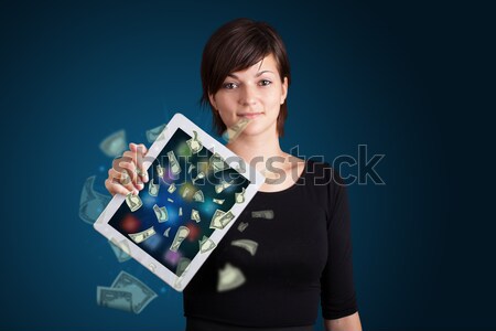 Stockfoto: Jonge · vrouw · tablet · geld · mooie · business