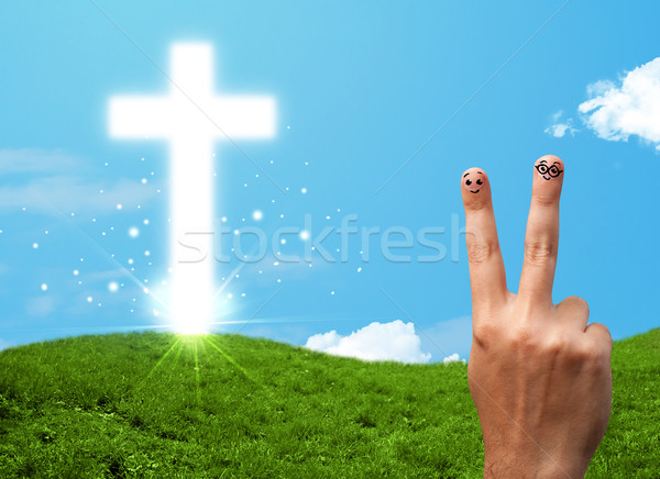 Boldog ujj emotikonok keresztény vallás kereszt Stock fotó © ra2studio
