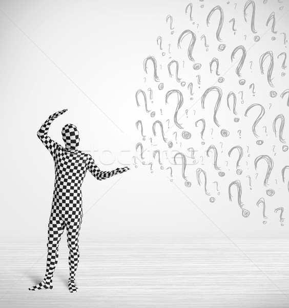 3d human character is body suit morphsuit looking at hand drawn question marks Stock photo © ra2studio
