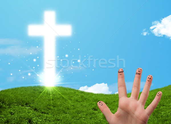 Gelukkig vinger smileys christelijke godsdienst kruis Stockfoto © ra2studio