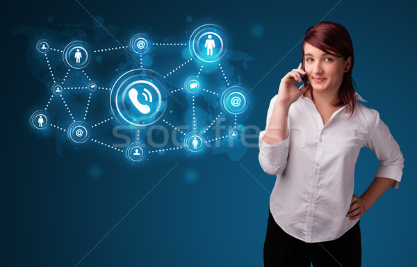 Csinos lány készít telefonbeszélgetés közösségi háló ikonok Stock fotó © ra2studio