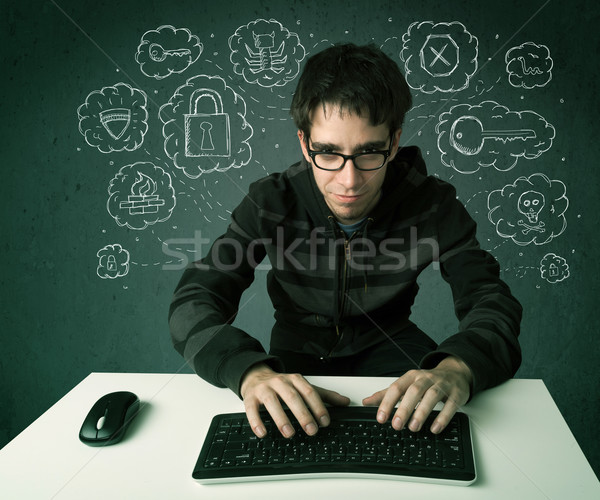 Jonge nerd hacker virus hacking gedachten Stockfoto © ra2studio