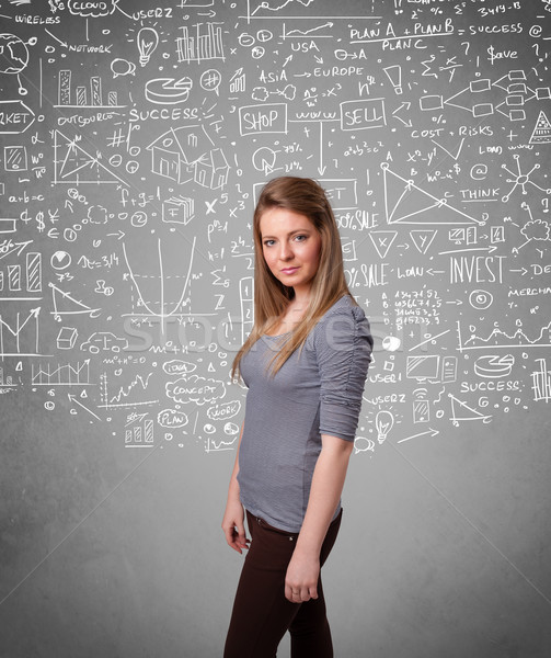 Young pretty lady with hand drawn calculations and icons Stock photo © ra2studio