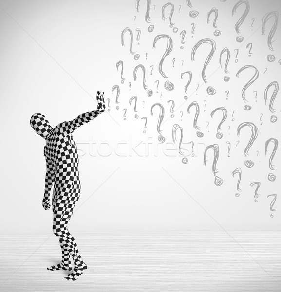 3d human character is body suit morphsuit looking at hand drawn question marks Stock photo © ra2studio