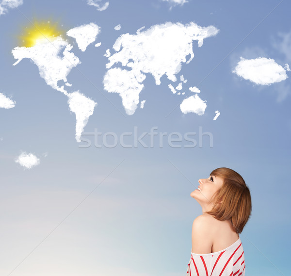 Stockfoto: Jong · meisje · naar · wereld · wolken · zon · blauwe · hemel