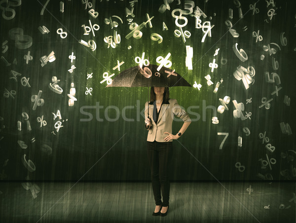Geschäftsfrau stehen Dach 3D Zahlen regnet Stock foto © ra2studio
