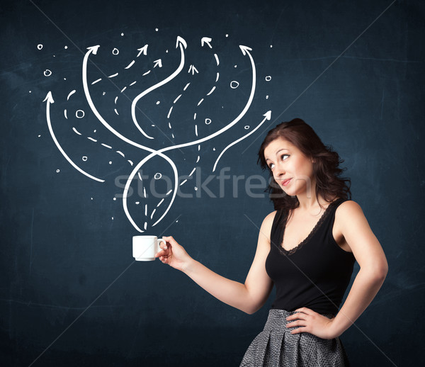 Businesswoman holding a white cup with lines and arrows Stock photo © ra2studio