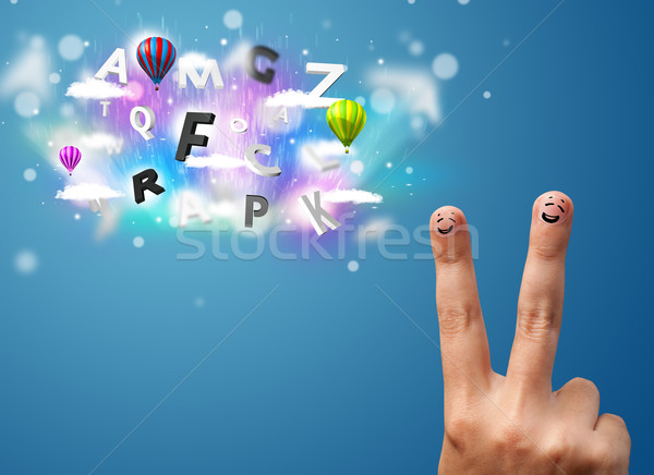 Happy cheerful smiley fingers looking at colorful magical clouds and balloons illustration Stock photo © ra2studio