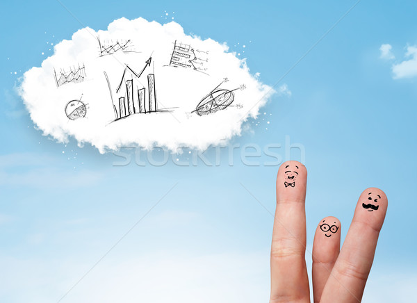 Happy smiley fingers looking at cloud with hand drawn charts Stock photo © ra2studio