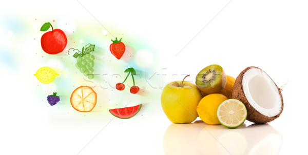 Foto stock: Colorido · frutas · dibujado · a · mano · ilustrado · blanco · alimentos