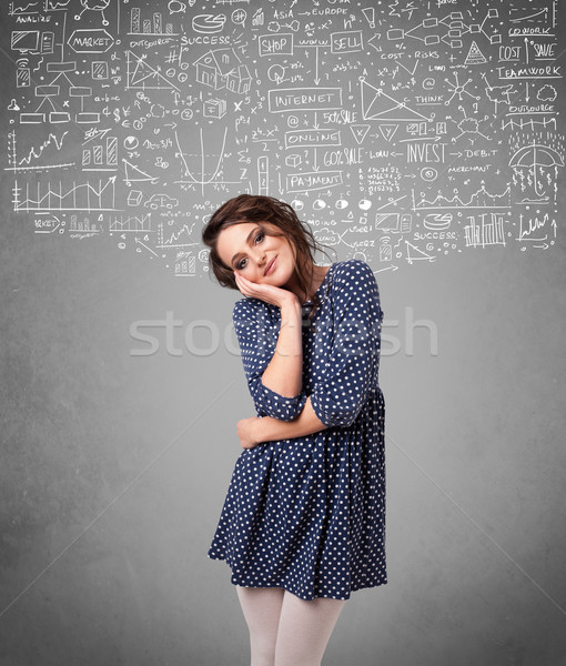 Young pretty lady with hand drawn calculations and icons Stock photo © ra2studio