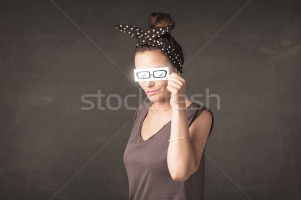Boldog lány néz kézzel rajzolt papír szem szemüveg Stock fotó © ra2studio