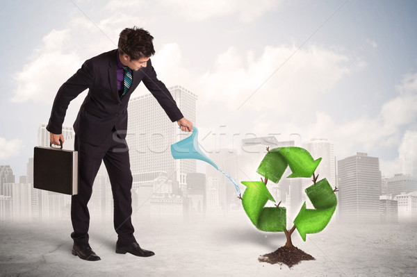 Business man watering green recycle sign tree on city background Stock photo © ra2studio