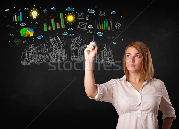 Stock photo: Cute woman sketching city and graph icons