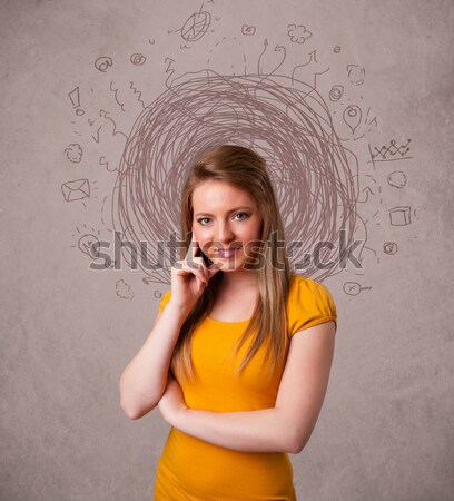 Pretty young girl with abstract circular doodle lines and icons Stock photo © ra2studio