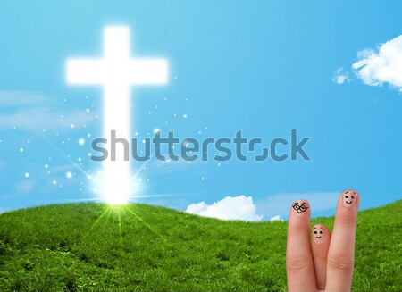 Gelukkig vinger smileys christelijke godsdienst kruis Stockfoto © ra2studio