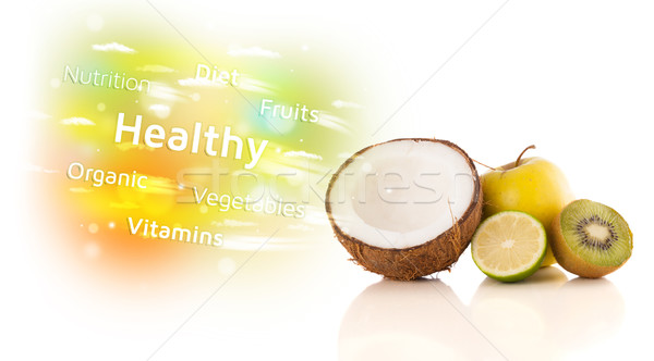 Colorful juicy fruits with healthy text and signs  Stock photo © ra2studio