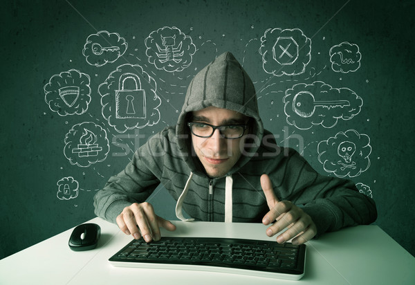 Fiatal stréber hacker vírus hackelés gondolatok Stock fotó © ra2studio