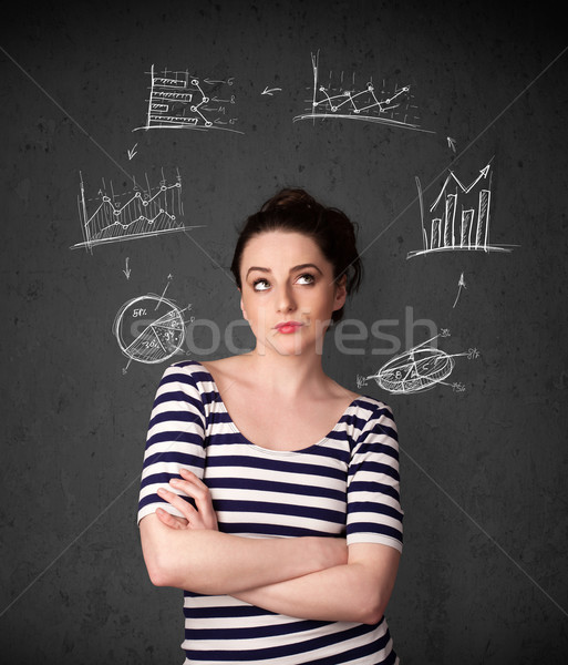 Young woman thinking with charts circulation around her head Stock photo © ra2studio